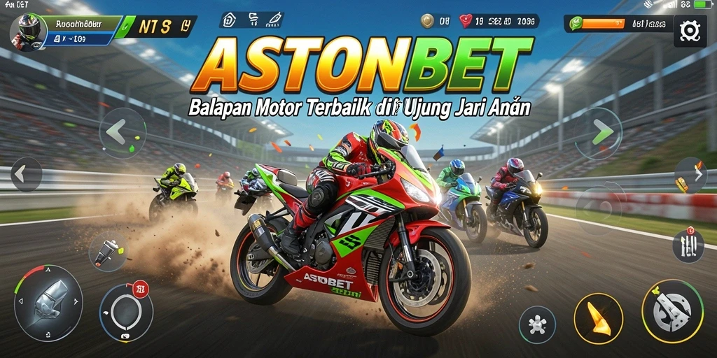 Screenshot gameplay ASTONBET menunjukkan balapan motor yang intens.