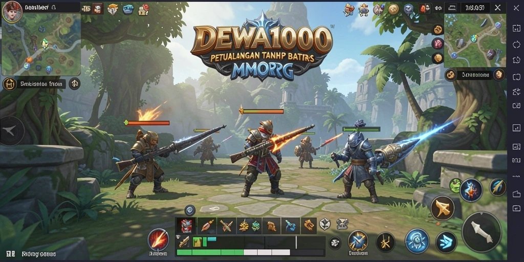 Screenshot gameplay DEWA1000 yang menampilkan pertarungan epik di dunia fantasi.