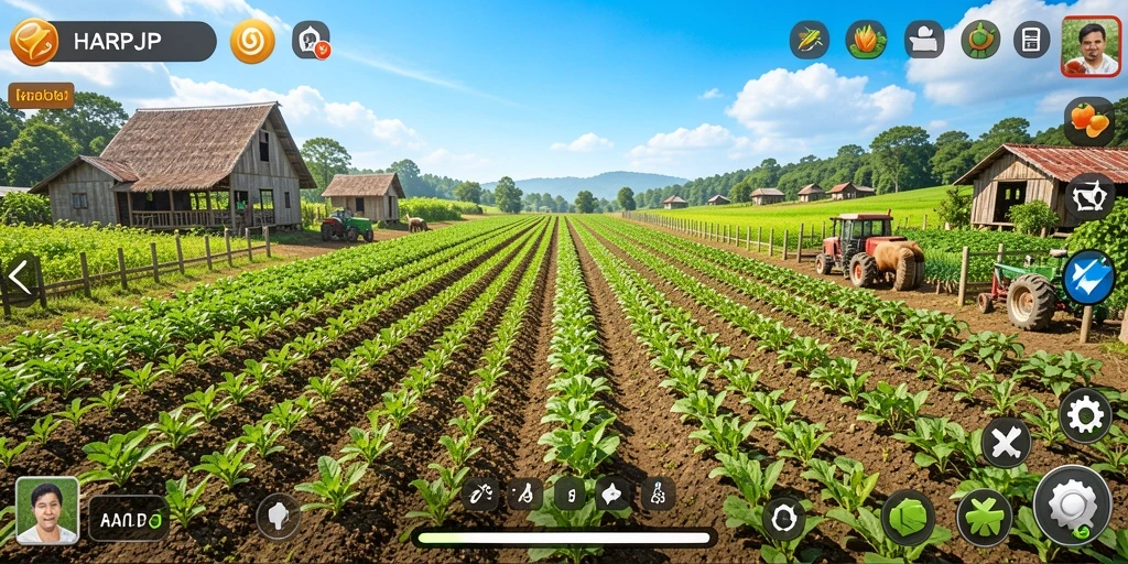 Tampilan gameplay menarik di dunia pertanian yang cerah.