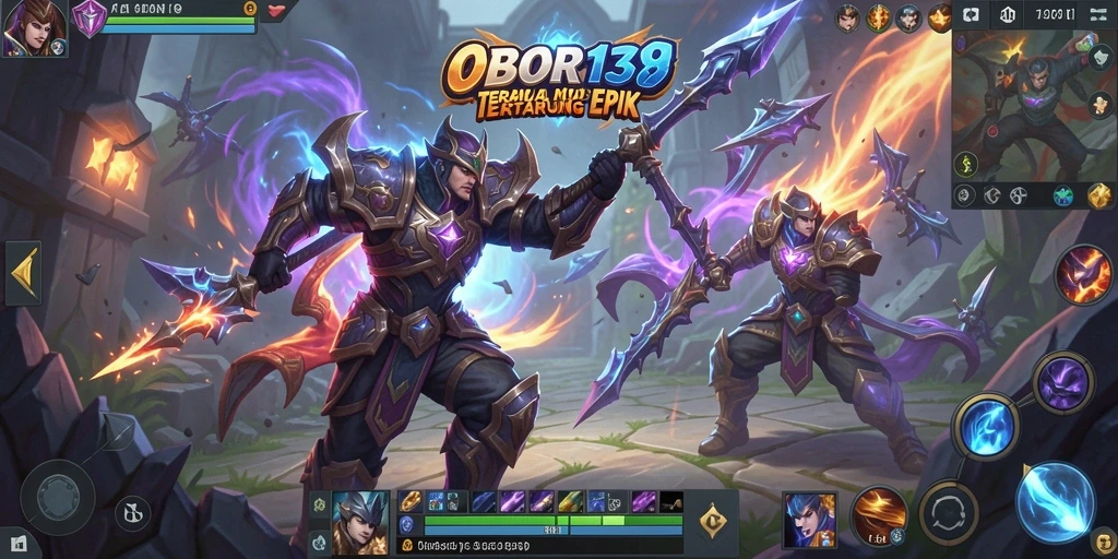 Screenshot OBOR138 menampilkan karakter bertarung di arena MOBA yang menegangkan.