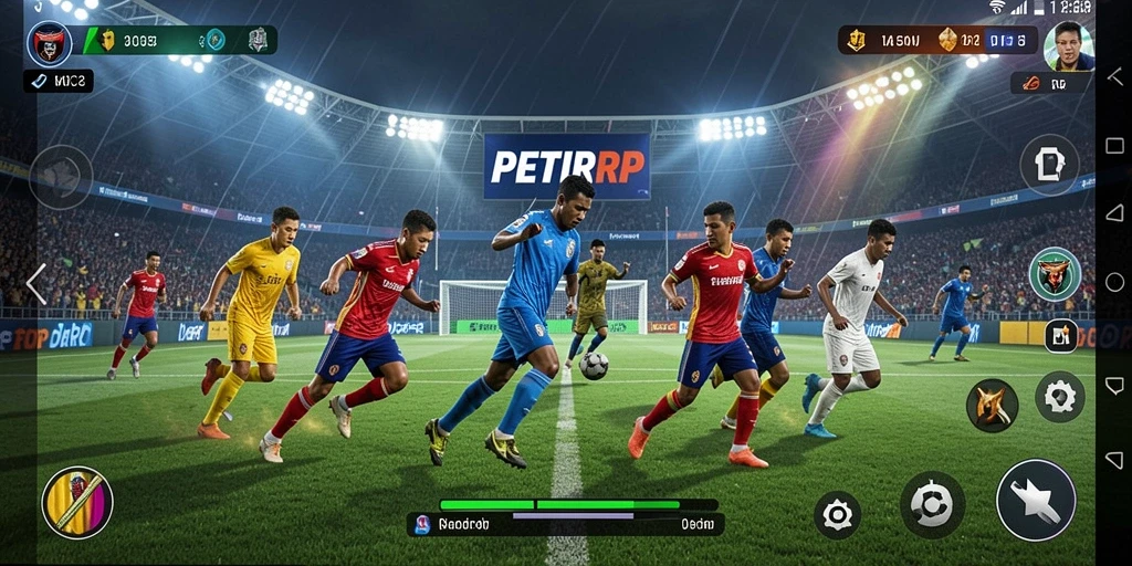 Tampilan gameplay PETIRRP dengan aksi sepak bola yang seru.