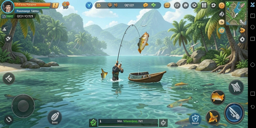 Tampilan gameplay QQ1221 yang menegangkan saat memancing ikan raksasa.
