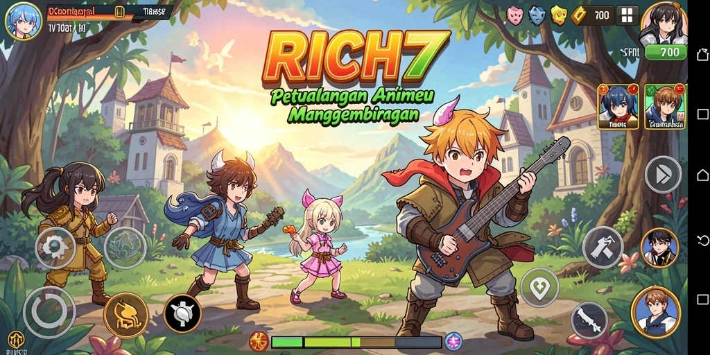 Tampilan gameplay RICH7 yang penuh warna dan aksi menarik.